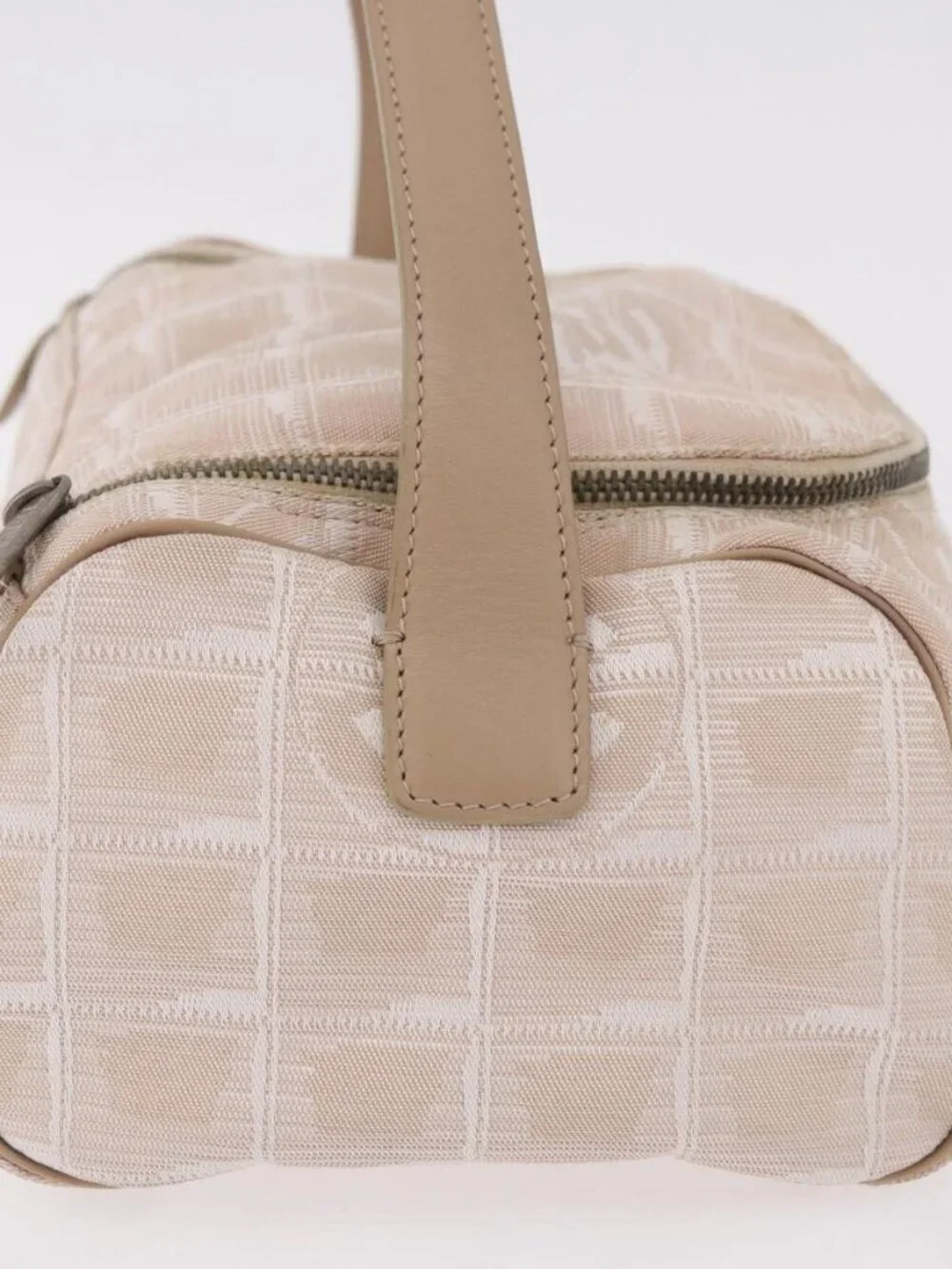 CHANEL New Travel Line Hand Bag Canvas Beige Silver CC Auth 183877